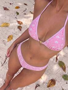 Swim Mod Women's Summer Beach Vacation Pink Floral Texture Halter-Neck Bikini Swimsuit Set,Starfish-Decorated Backless Swimsuit Two-Piece Outfit Tropical - Pink - View 5