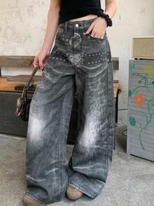 DAZY Jeans rectos holgados casuales de calle con diseño de estampado de cinturón para mujer - Gris - Ver 4