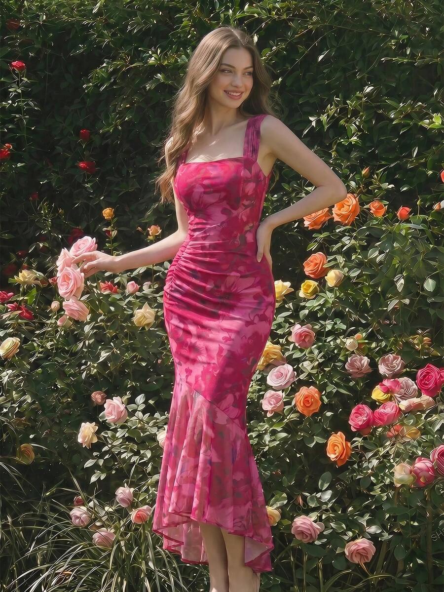Skyraze Women Floral Sleeveless Asymmetrical Hem Ruched Side Cami Dress, Floral Pink, Summer, Elegant, Wedding Party Vacation Ninang Masquerade Ball Fairy