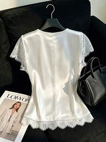 GlowEve CURVE Plus Size Fashion Design Lace Trim Patchwork Casual Blouse , Summer Casual Vacation Work Commute Top - White - View 2