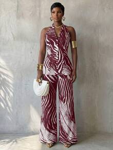 BamGlimmer Women's Zebra Print Single-Breasted Halter Neck Vest And Pants Casual Elegant Two Pieces Set Night Ibiza White Summer - Burgundy - View 4