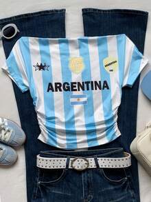 Comfortcana Striped Off-Shoulder Argentina World Cup Print T-Shirt, Jersey - Multicolor - View 5