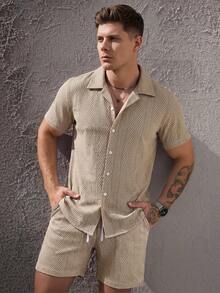 Manfinity CasualCool Men's Solid Color Single-Breasted Short Sleeve Shirt And Shorts Casual Daily 2 Pieces Set - Multicolor - View 3