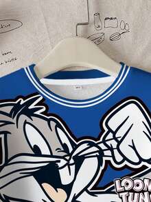 LOONEY TUNES X SHEIN 青少年男童休闲时尚街头可爱卡通兔子字母印花落肩宽松撞色条纹饰边抓绒卫衣，秋冬Y2K风格卫衣，儿童卫衣，男童Y2K服装 - 白色 - 查看 3
