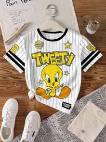 LOONEY TUNES X SHEIN Tween Girls' Casual Striped Cartoon Print Round Neck Short Sleeve T-Shirt, Summer - White - View 7