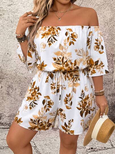 Breezaya Large-Sized Women's Casual Printed One-Shoulder All-In-One Shorts.