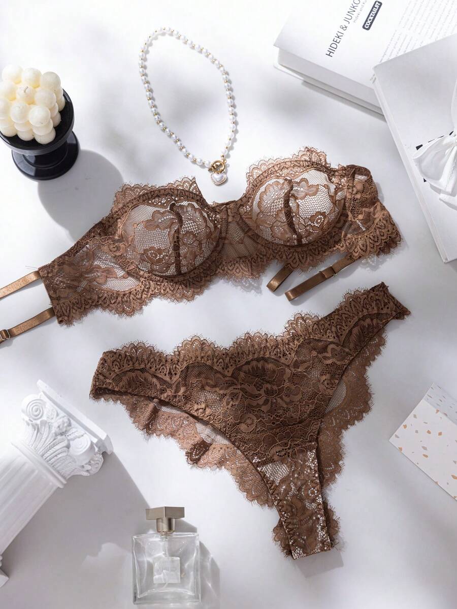 SHEIN Women's 2-Piece Lace Lingerie Set - Coffee Brown - View 1