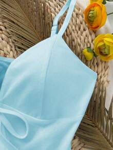 Selianne French Gentle Style Front Tie Ruffle Strap Slim Fit Flattering Camisole Tank Top - Baby Blue - View 5