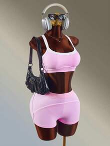 Amplova Damen Farbblock BH und Shorts Sport Set - Pink - Übersicht 4