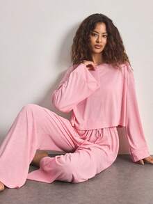 Ocili 2pcs Comfortable Soft Bamboo Knit Round Neck Long Sleeve Top And Pants Women Pajama Set, Summer - Pink - View 2