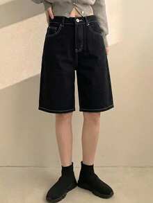 DAZY Solid Color Loose Button Decor Cuffed Hem Straight Leg Black 5/8 Length Denim Jeans - Black - View 5