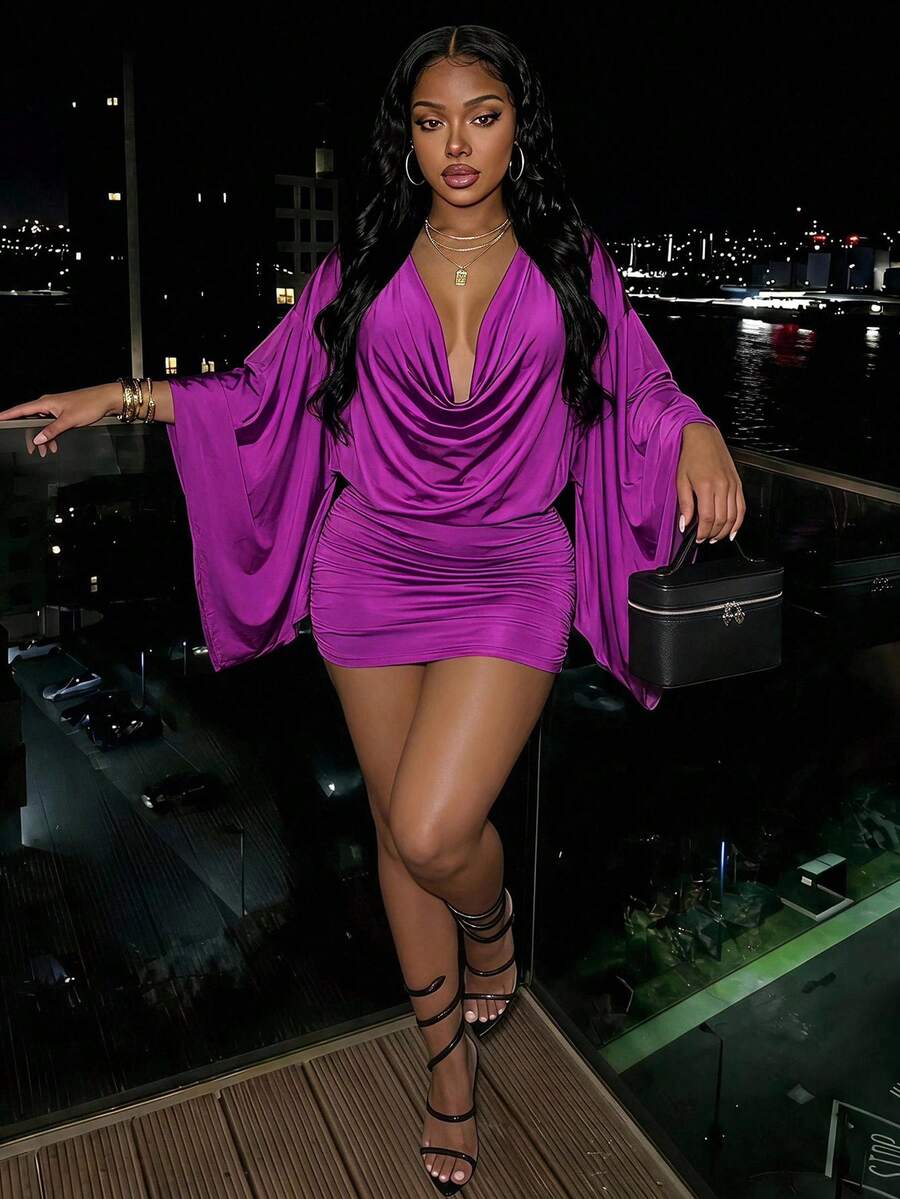 Slaydiva Fuchsia Cowl Neck Bell Sleeve Bodycon Mini Dress Draped Satin Look Party Club Vacation Dress For -A