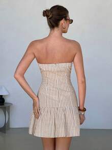 Lavishia Women's Beige Pleated Casual Versatile Date Vacation Mini Bandeau Dress Summer - Mocha Brown - View 2