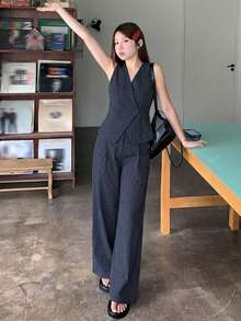 DAZY Women's Summer Striped Spaghetti Strap Top And Long Pants Casual Two Pieces Set - Navy Blue - View 5
