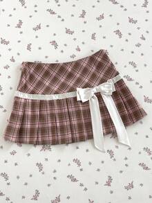 Elamini Damen Sommer Neu Rosa & Braun Karomuster Stoff Patchwork Schleife Dekoration Süß Niedlich Plissee Rock, geeignet für Einkaufen, Partys, Dates, Pendeln und tägliche Ausflüge - Verschiedenfarbig - Übersicht 5