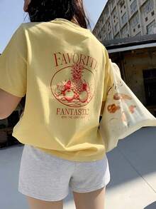 DAZY 2pcs/Set Women Fruit Graphic Loose Short Sleeve T-Shirt And Shorts Pajama Set, Summer - Yellow - View 7