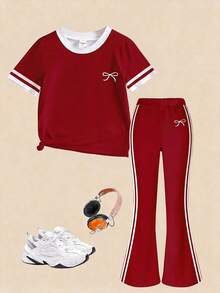SHEIN [Random 2 Sets, 1 Set Shipped]! Surprise Blind Box!!!! 2pcs/Set Girls Strawberry And Bow Print Top And Flare Pants Set, Comfortable Summer Style Cute White And Red Casual Daily Wear Fashionable Little Girls Outfit Red Set White Set Cute Daily Comfortable Sweet Kawaii - White - View 4