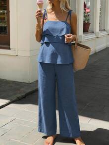 Momance Conjunto de maternidad de 2 piezas: Top con tirantes de espagueti y diseño de lazo con volantes en capas, Pantalones rectos con lazo y cintura con cordón - Azul lavado medio - Ver 8