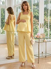Momance 2pcs Maternity Set, Ruffled Camisole Top Paired With Flowy Wide-Leg Pants, Comfortable Versatile, Gentle Elegant Style Suitable For Pregnancy Daily - Yellow - View 2