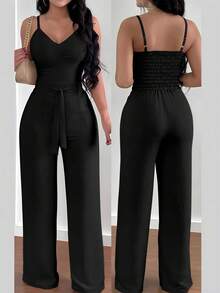 EMERY ROSE Plus Size Women Solid Color Casual Everyday Outing Camisole Jumpsuit - Black - View 1