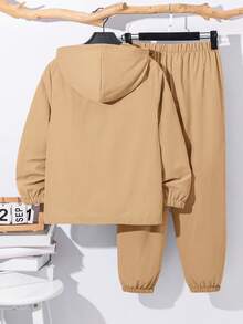 SHEIN 2件組兒童青少年男童休閒日常百搭舒適拼接連帽半拉鍊套頭寬鬆長袖外套與鬆緊束口寬鬆長褲梭織兩件套，適合學校、花園、海灘、生日，適用春夏季節 - 卡其色 - 查看 3