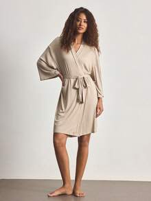 Ocili Comfortable Ribbed Soft & Smooth Cotton Robe, Women Sleepwear Loungewear - Khaki - View 4