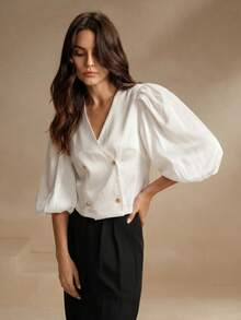 Savoree V-Neck Fashionable White Puff Sleeve Blouse For Women Office Autumn Elegant - White - View 5