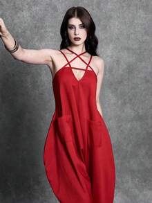 Glisette Black Sexy Loose Sleeveless Jumpsuit - Red - View 6