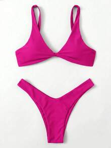 Swim Basics 女款夏季海灘素色V領後背蝴蝶結肩帶比基尼兩件套 - 玫紅色 - 查看 3