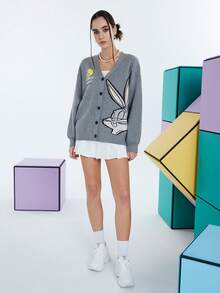 LOONEY TUNES X SHEIN Women Grey Casual Rabbit Cartoon & Letter Pattern Jacquard Dropped Shoulder Loose V-Neck Button Up Cardigan Cute Sweater Cardigan Fall Sweaters Ugly Christmas Sweater - Dark Grey - View 4