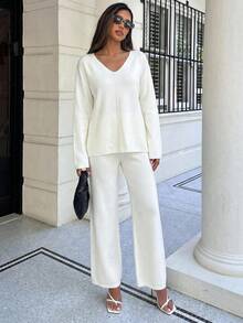 Tall Women V-Neck Oversize Sweater And Knit Pant Set - White - View 3