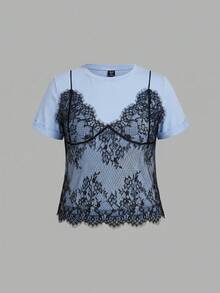 SHEIN MOD 大尺碼白色 2 合 1 蕾絲拼接圓領短版 T-Shirt - 藍色 - 查看 1