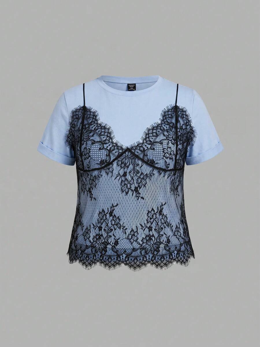 SHEIN MOD 大尺碼白色 2 合 1 蕾絲拼接圓領短版 T-Shirt - 藍色 - 查看 1