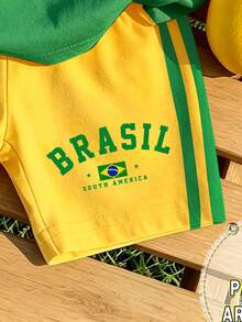熱銷兒童夏季巴西 BRASIL 印花運動套裝，女嬰圓領短袖 T 恤 + 側條紋修身短褲 2 件套，黃綠配色拼接，復古美式運動風，親膚休閒運動風，適合幼兒園外出 / 日常穿著 / 拍照，舒適透氣 - 彩色 - 查看 6