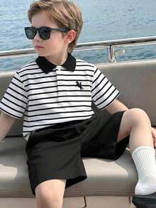 SHEIN 兒童夏季短褲上衣套裝 夏日洋裝 白色上衣 青少年男孩休閒短袖條紋波羅衫 - 彩色 - 查看 4