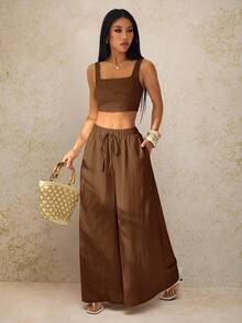 SHEIN PETITE 新款春夏度假休闲吊带上衣和阔腿裤两件套，带口袋，纹理面料 - 摩卡棕 - 查看 1