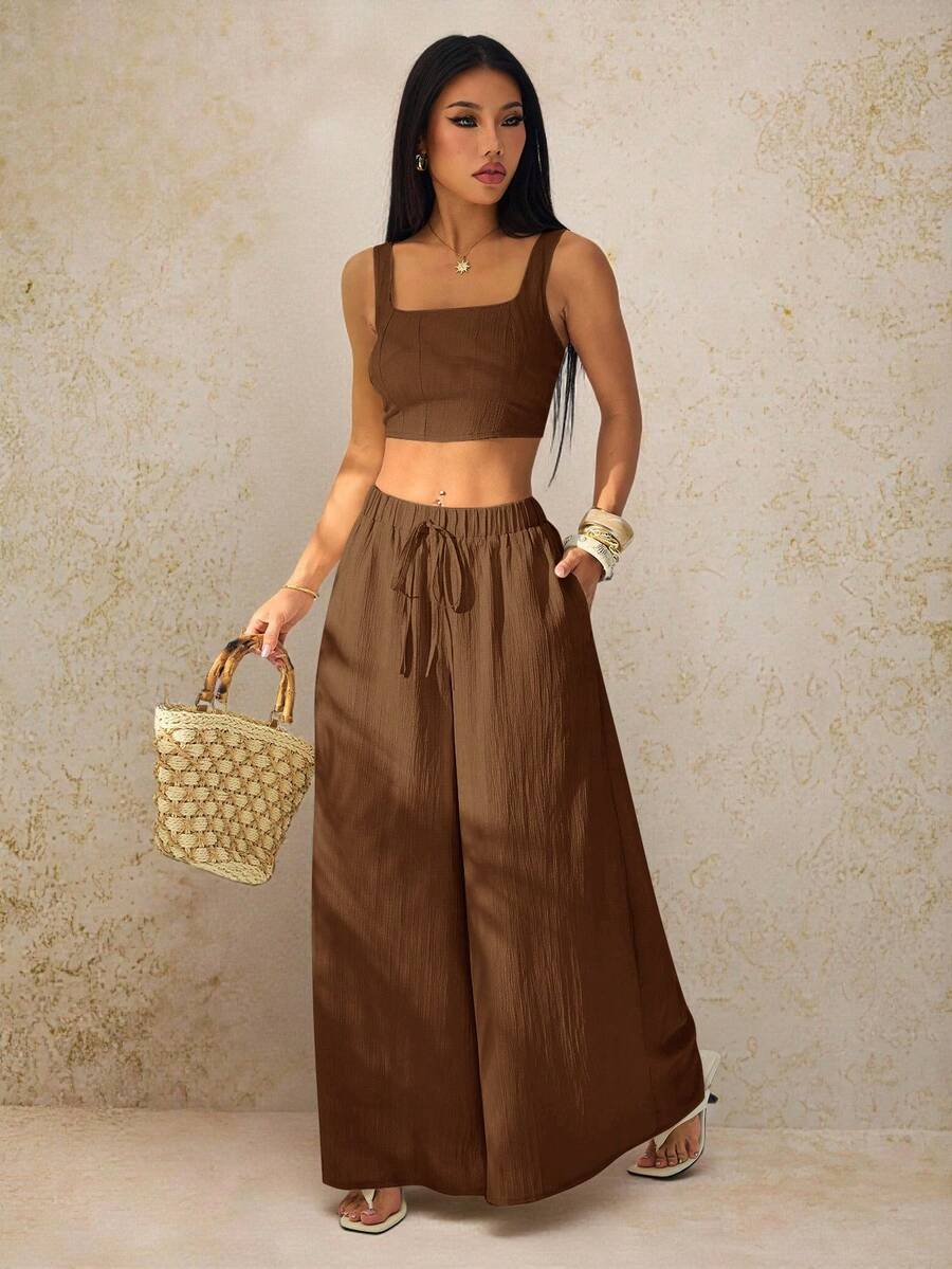 SHEIN PETITE 新款春夏度假休闲吊带上衣和阔腿裤两件套,带口袋,纹理面料 - 摩卡棕 - 查看 1