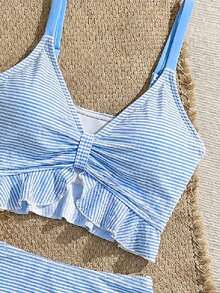Swim Mod Women's Summer Beach Holiday Striped Fabric Ruffle Top Tank Top Bikini - Blue and White - View 5