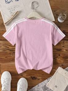 LOONEY TUNES X SHEIN Tween Girl Letter & Cartoon Graphic Pink Round Neck Short Sleeve T-Shirt - White - View 2