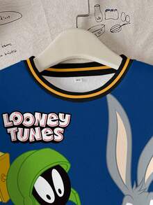 LOONEY TUNES X SHEIN 青少年男孩休闲拼色卡通图案圆领运动衫，秋季 - 白色 - 查看 4