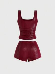Sweetra Plus Size New Fashion Burgundy Crocodile Embossed Coated Stretch Street Style Sexy Party Nightclub Commute Daily Slim Fit Ruched Tank Top 2-Piece Set - Burgundy - View 2