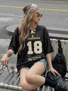 DAZY Women's Casual Basic Korean Style Letter Number Print T-Shirt, Spring/Summer Graphic Tee Golf White - Black - View 3