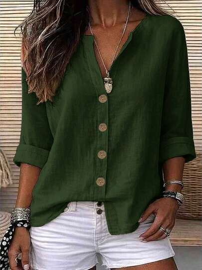 Holdful Holdful Camisa Casual Elegante e Simples de Verão com Tecido Liso para Mulheres, Camisa de Trabalho