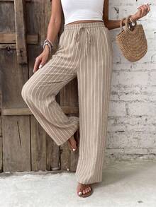 SHEIN Frenchy Women's Waist Tie Striped Straight Leg Casual Long Pants - Khaki - View 4