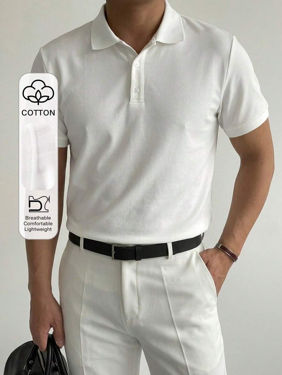 DAZY 男士素色POLO領短袖T恤,夏季 - 白色 - 查看 1