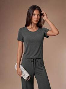 Lazeform Spring/Summer Women's Pajama Set, Simple & Comfortable Rayon, Exquisite Lace Waist Decoration, Suitable For Loungewear - Dark Grey - View 4