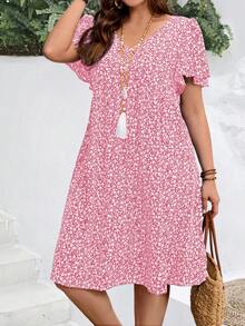 EMERY ROSE Vestido de vacaciones de verano con mangas con volantes y estampado floral pequeño para mujer de talla grande - Rosa coral - Ver 4