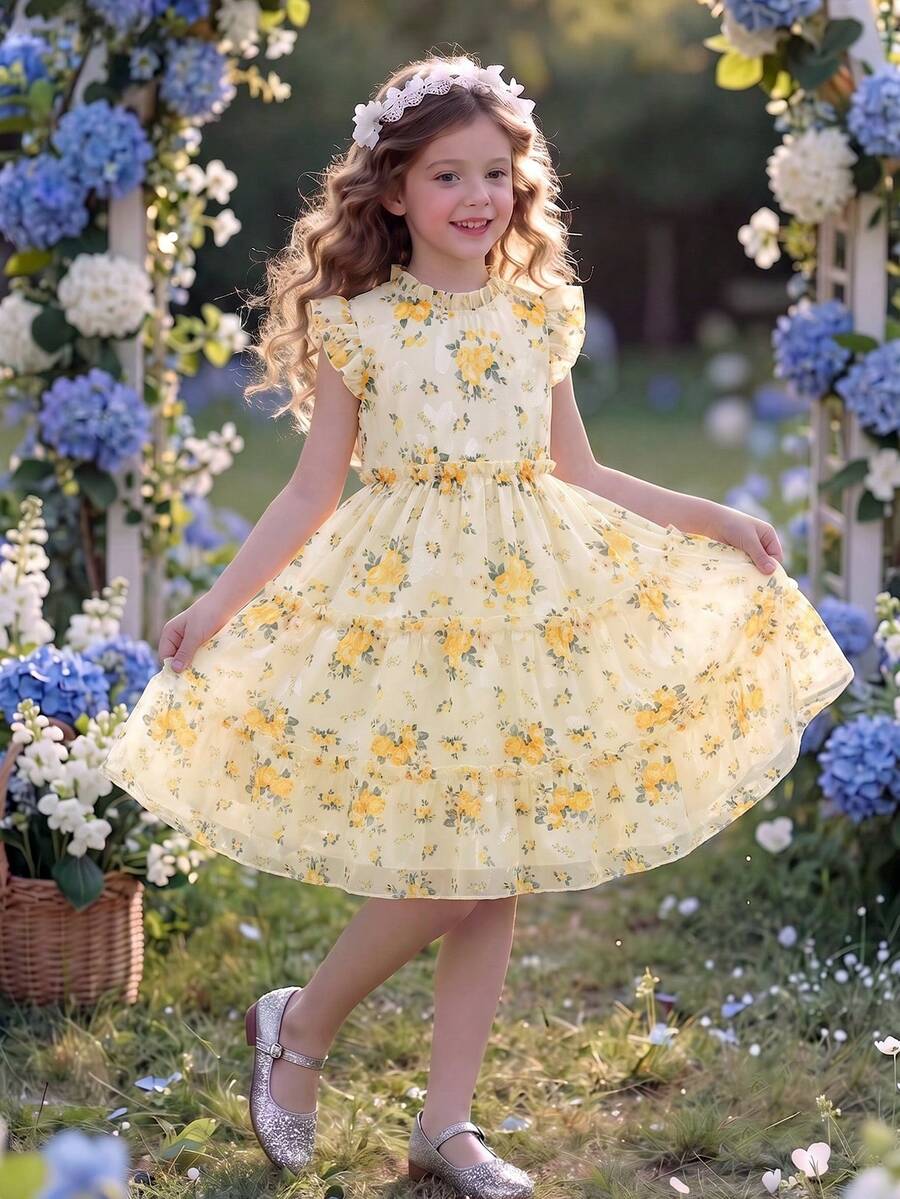 Elladie kids 2025新款春夏女童玫瑰印花無袖花卉泡泡洋裝，仙女風優雅後拉鍊日常通勤百搭甜美俏皮可愛公主裙 - 黃色 - 查看 1