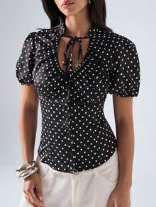 LYSMO Women's Polka Dot Pattern Tie Neck Short Puff Sleeve Blouse - Black - View 4