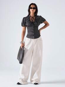 LYSMO Women's Polka Dot Pattern Tie Neck Short Puff Sleeve Blouse - Black - View 3